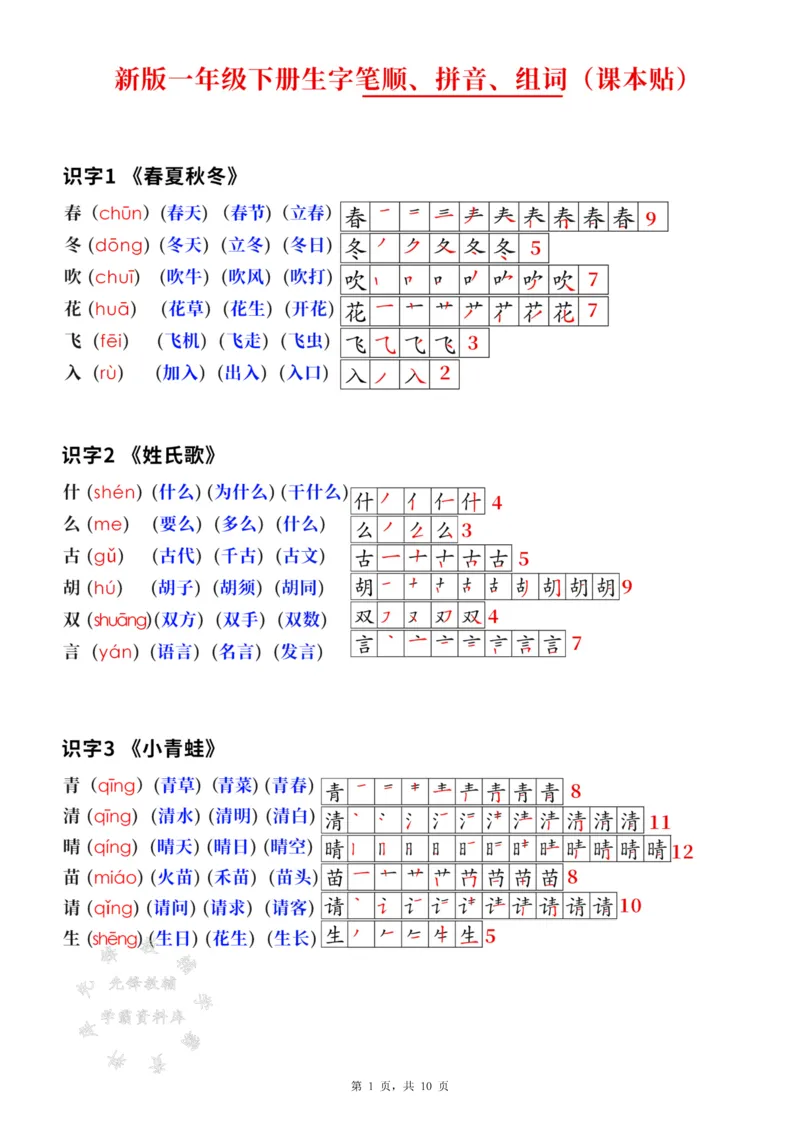 《新版一下语文生字笔顺拼音组词（课课贴课本贴）10页SY_1年级下册同步教辅_1下-语文_一下语文-生字+字帖》第1页预览