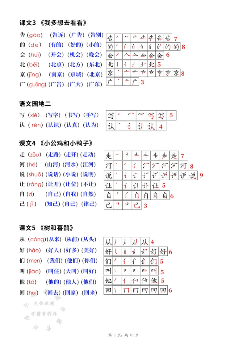 《新版一下语文生字笔顺拼音组词（课课贴课本贴）10页SY_1年级下册同步教辅_1下-语文_一下语文-生字+字帖》第3页预览