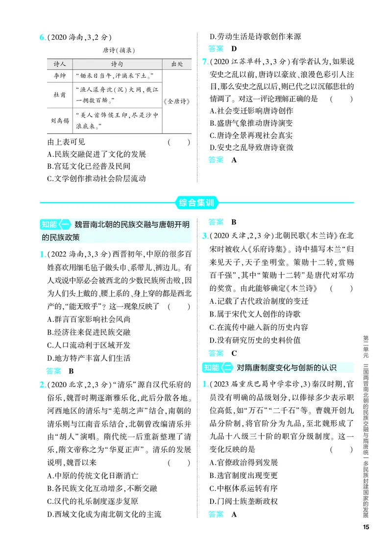 《1_习题部分PDF-02-第二单元　三国两晋南北朝的民族交融与隋唐统一多民族封建国家的发展_2024版教学资源包_2024版.新高考版历史.5·3A版_4_PDF教参电子书》第4页预览