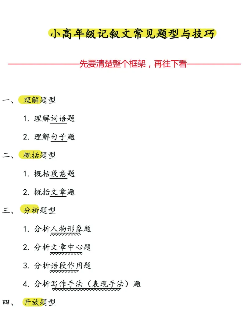 《小高（3-6）年级《记叙文常见题型及其答题技巧》_5年级下册同步教辅_5下语文_五下语文阅读理解》第1页预览