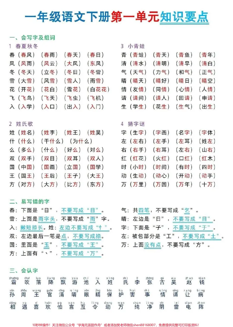 《一年级语文下册第一单元知识点归纳#语文#教育#学习#每天学习一点点#小学语文》第1页预览