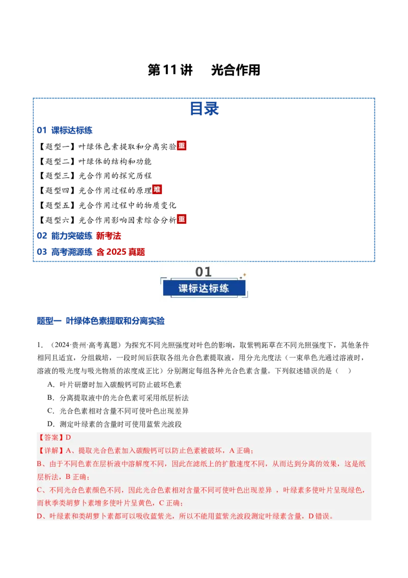 《第11讲光合作用（专项训练）（安徽专用）（解析版）_高考一二三轮复习_生物_2026年高考生物一轮_2026年高考生物一轮课件+讲义+练习（安徽专用）-G326》第1页预览