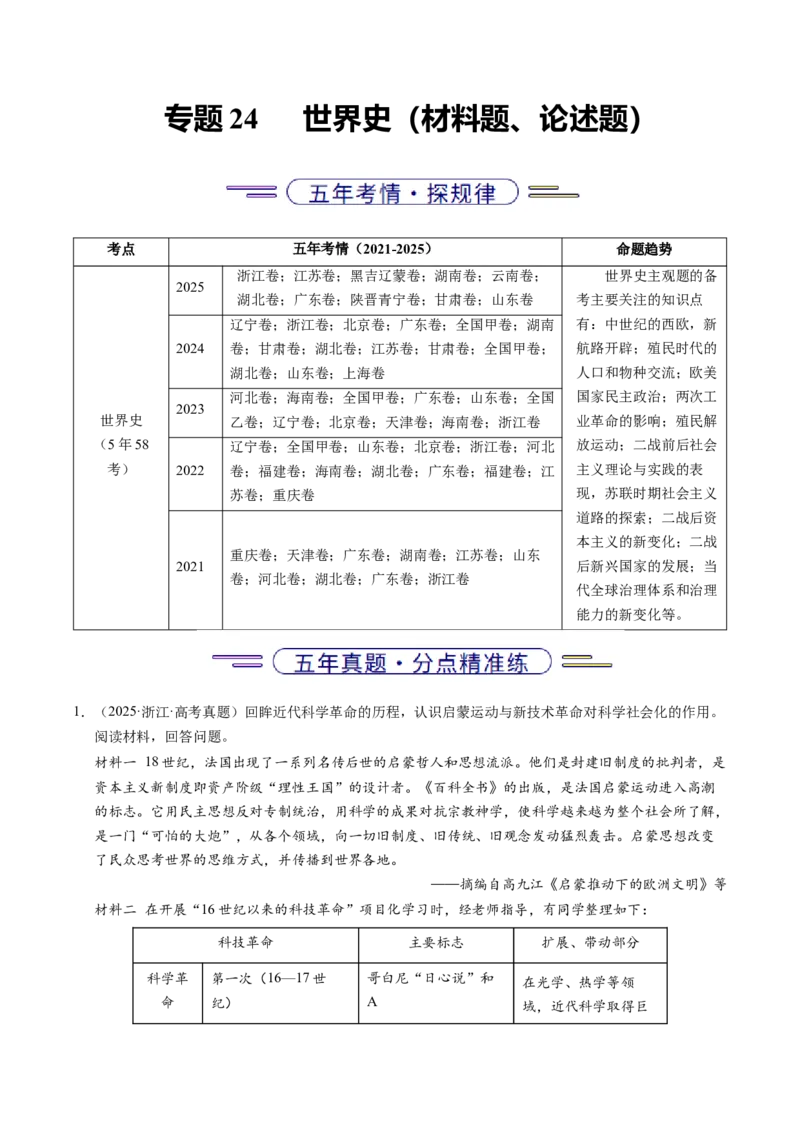 《专题24世界史（材料分析题、观点论述题）（全国通用）（学生版）_高考一二三轮复习_历史_2026年-历史高考专项复习_五年（2021-2025）高考历史真题分类汇编（全国通用）-C438》第1页预览