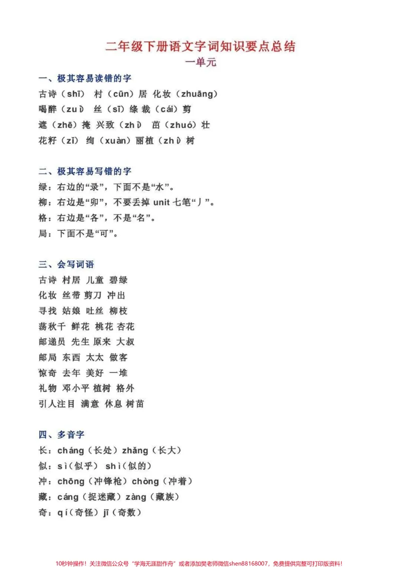 《二年级下册语文1-8单元知识大盘点归纳#教育#学习#每天学习一点点#二年级语文#亲子教育_最新小学1-9年级各科+幼升小+综合类学习资源汇总包_二年级一线老师整理版资源（全网独家）》第1页预览