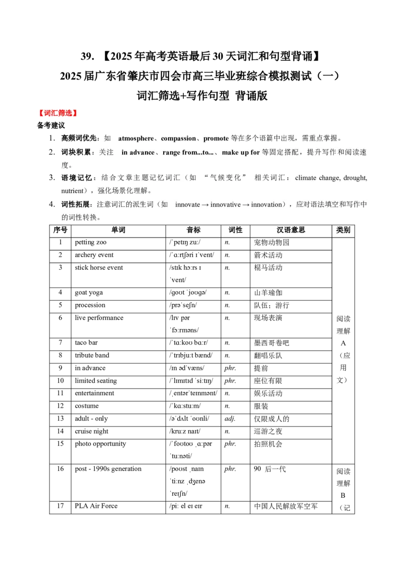 《39.（2025年高考英语最后30天词汇和句型背诵）2025届广东省肇庆市四会市高三毕业班综合模拟测试（一）词汇筛选+写作句型背诵版_高考一二三轮复习_英语_2026年-英语高考专项复习》第1页预览