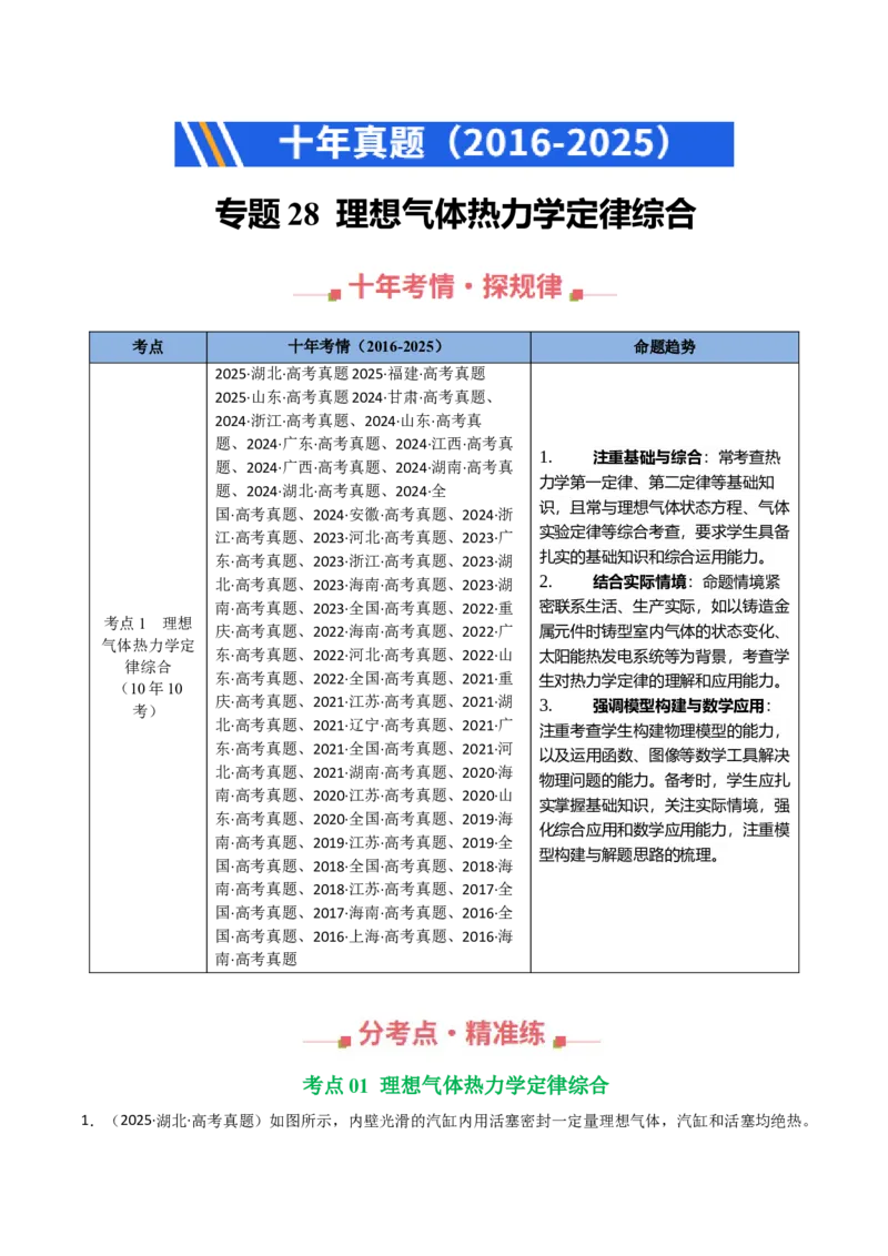 《专题28理想气体热力学定律综合（全国通用）（教师版）_高考一二三轮复习_物理_2026年-物理高考专项复习_十年（2016-2025）高考物理真题分类汇编（全国通用）-G15》第1页预览