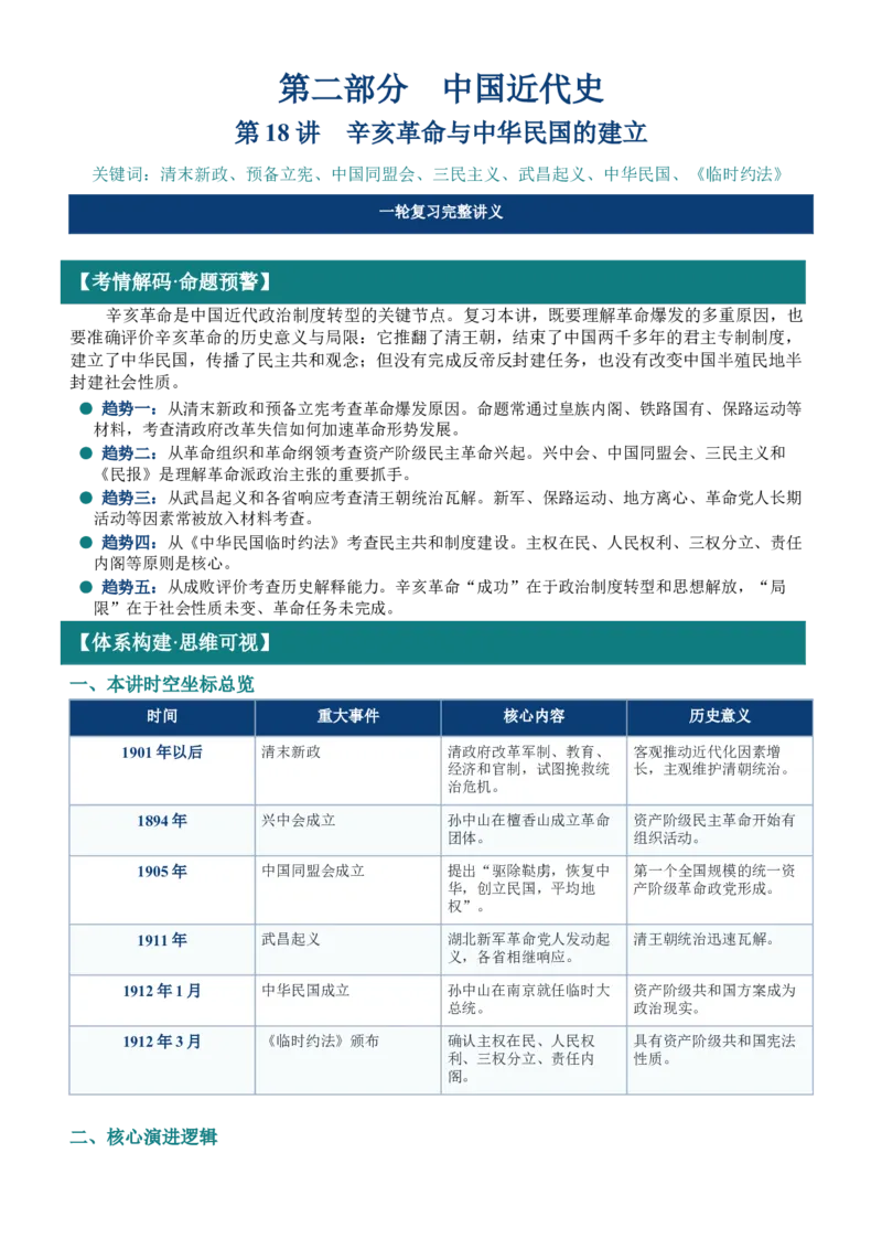 《第18讲辛亥革命与中华民国的建立讲义_高考一二三轮复习_历史_2027年高考历史一轮_62027届高考历史必修中外纲要下一轮复习讲义》第1页预览