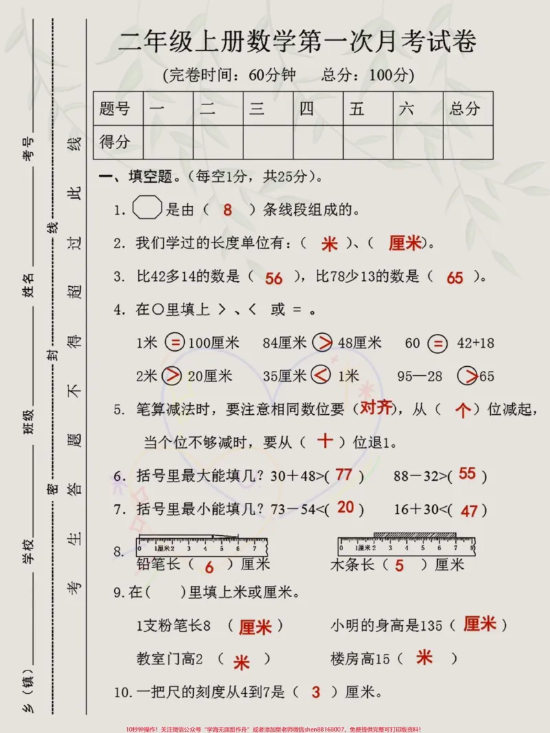 《二年级上册数学第一次月考卷来了‼️。有空白电子版可打印，家长打印出来给孩子练习一下吧#二年级上册数学#必考考点#月考卷#第一次月考测试卷》第1页预览