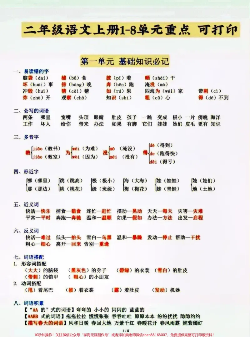 《二年级上册语文1-8单元基础知识汇总。#小学语文资料分享#小学知识点归纳#每天学习一点点》第1页预览