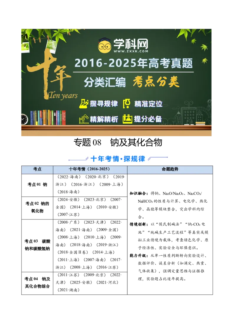 《专题08钠及其化合物（教师版）_高考一二三轮复习_化学_2026年-化学高考专项复习_十年（2016-2025）高考化学真题分类汇编（全国通用）-G15》第1页预览