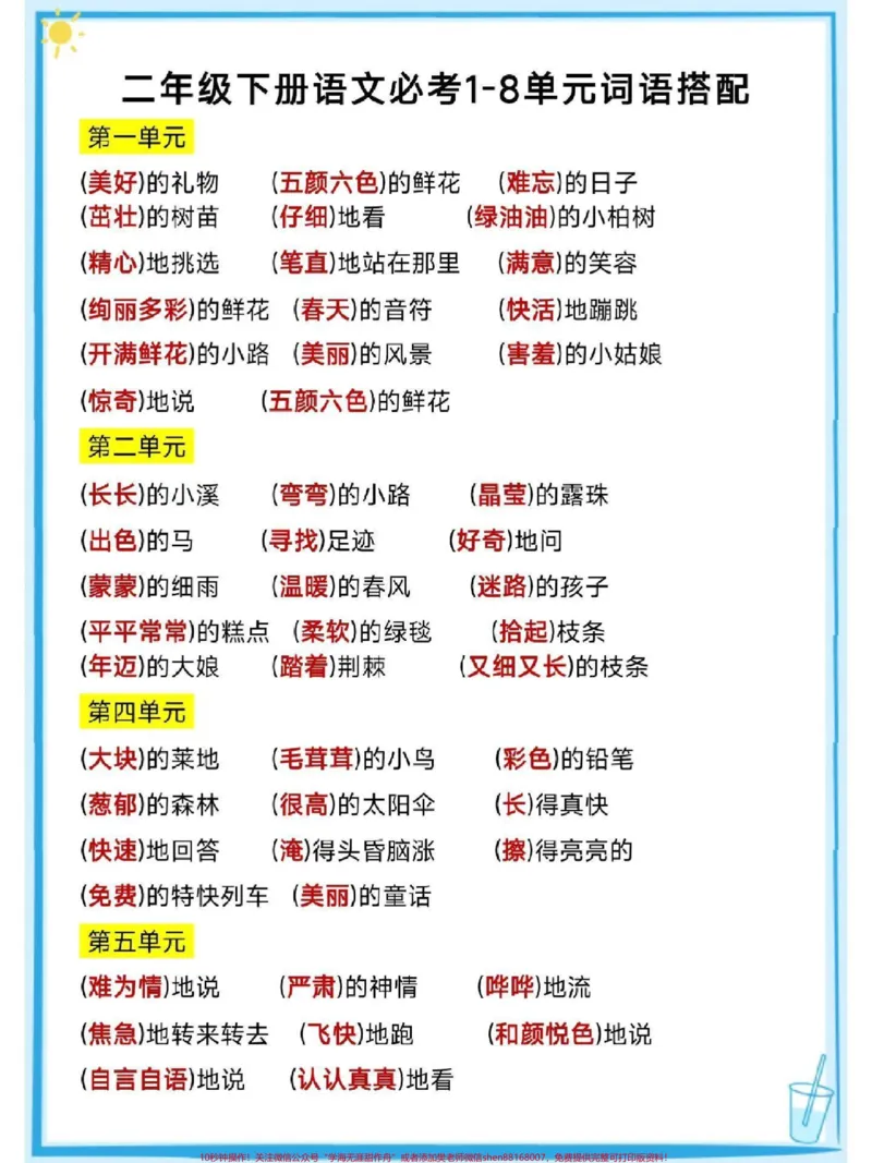 《二年级下册语文1-8单元词语搭配#每天学习一点点#知识点总结#教育#小学语文#家长收藏孩子受益_最新小学1-9年级各科+幼升小+综合类学习资源汇总包》第1页预览