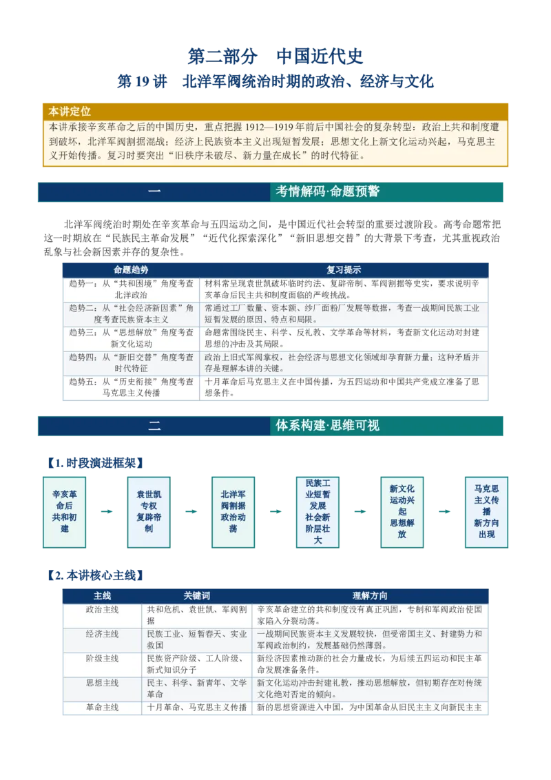 《第19讲北洋军阀统治时期的政治经济与文化讲义_高考一二三轮复习_历史_2027年高考历史一轮_62027届高考历史必修中外纲要下一轮复习讲义》第1页预览