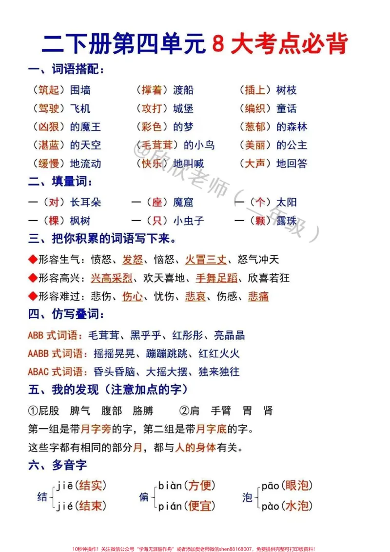 《二年级语文下册第四单元必考考点。速速收藏#家长收藏孩子受益#二年级#二年级语文下册#必考考点#小学语文_最新小学1-9年级各科+幼升小+综合类学习资源汇总包》第1页预览