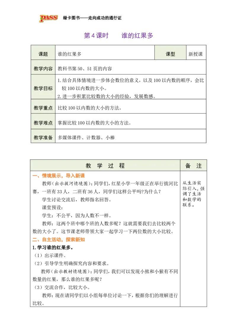 《第4课时谁的红果多_26春小学语数英道科各版本《课件+教案》_26春各版本数学《课件+教案》1-6年级下册_26春北师大版数学1-6年级下册教案课件PPT_26春绿卡学霸-1数-北师-备课教案》第1页预览