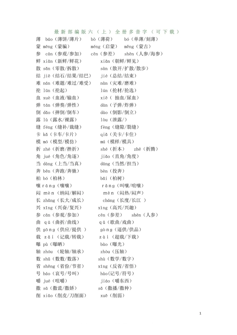 《最新部编版六（上）全册多音字_6年级上册同步教辅_6上语文_六上语文生字+字帖+词语》第1页预览