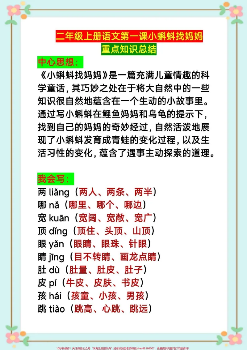 《二年级语文课堂笔记知识点总结。#二年级语文#课堂笔记#暑假预习#二年级语文第一课小蝌蚪找妈妈课堂笔记#知识点总结生字组词造句近反义词多音字词语搭配中心思想课后习题》第2页预览