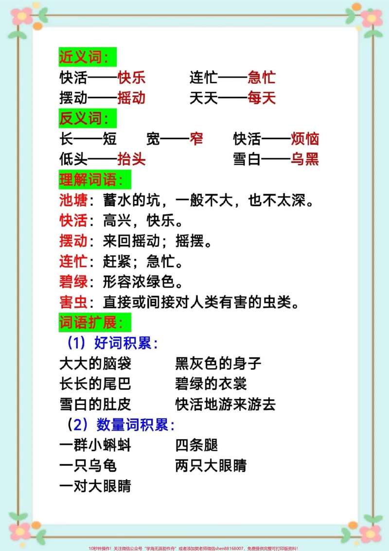 《二年级语文课堂笔记知识点总结。#二年级语文#课堂笔记#暑假预习#二年级语文第一课小蝌蚪找妈妈课堂笔记#知识点总结生字组词造句近反义词多音字词语搭配中心思想课后习题》第4页预览
