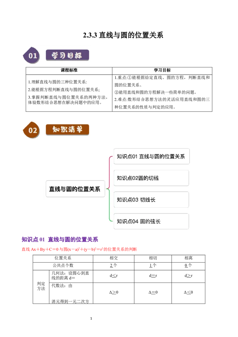 《第14讲2.3.3直线与圆的位置关系（4知识点+7题型+巩固训练）教师版-高中数学人教B版讲义（选择性必修一）_2027高中必刷题_必刷题2027_2027高一高二必刷题_数学_赠送》第1页预览