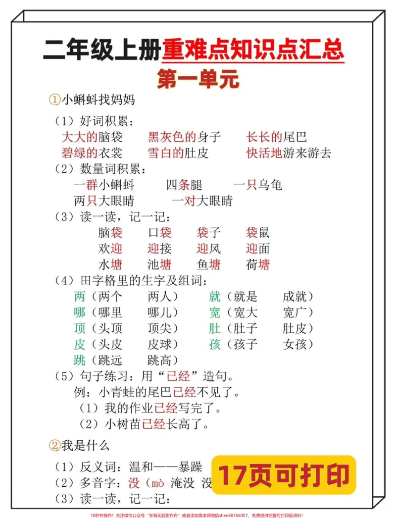 《二年级上册语文全册重点知识点总结‼️。开学了‼️老师精心整理了这份二年级语文全册1到8单元重点知识总结,涵盖核心考点,为孩子收藏打印一份#二年级上册语文#二年级#二年级语文#二年级语文上册知识归纳#二年级语文上册》第2页预览