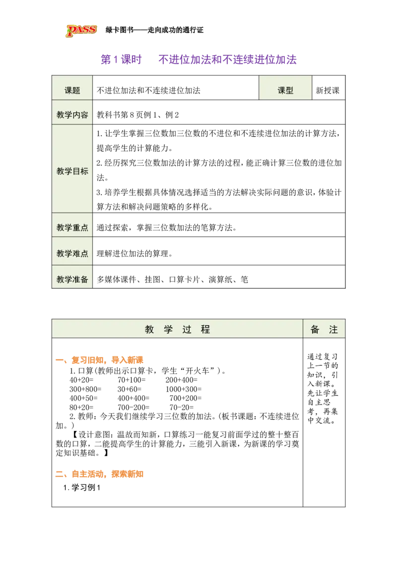 《第1课时不进位加法和不连续进位加法_26春小学语数英道科各版本《课件+教案》_26春各版本数学《课件+教案》1-6年级下册_26春西师大版数学1-6年级下册教案课件PPT_第一单元三位数的加减法》第1页预览