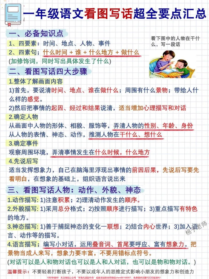 《一年级语文看图写话问题100满分技巧一看就会看图写话一直是低年级孩子语文练习的重头戏,那怎样才能写好话,让孩子为以后的写作打。好基础呢要求低年级的小朋友看图写出一段通顺、连贯的话,对有些孩子来说确实很难。那么作为家长如何辅导孩子呢,下面小琴老师给大家提出几点好的建议认真观察看仔细孩子写话之前,首先要看图,对给出的图示看仔细,看清楚,在大脑里成清晰的印象。弄清图的类型,是单幅图还是多幅图。如果是单幅图,重在引导观察的顺序,或》第1页预览