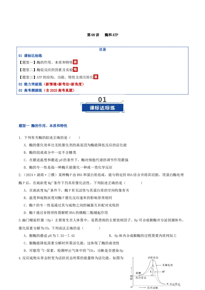 《第08讲酶和ATP（专项训练）（湖南专用）（学生版）_高考一二三轮复习_生物_2026年高考生物一轮_2026年高考生物一轮课件+讲义+练习（湖南专用）-G331》第1页预览