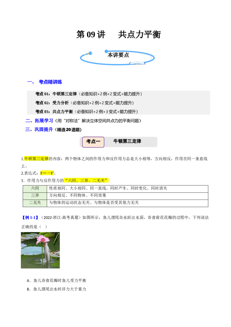 《第09讲共点力平衡（举一反三讲义）（全国通用）（学生版）_高考一二三轮复习_物理_2026年-物理高考专项复习_2026年高考物理举一反三系列（新高考通用）-G249_资料_2026版》第1页预览