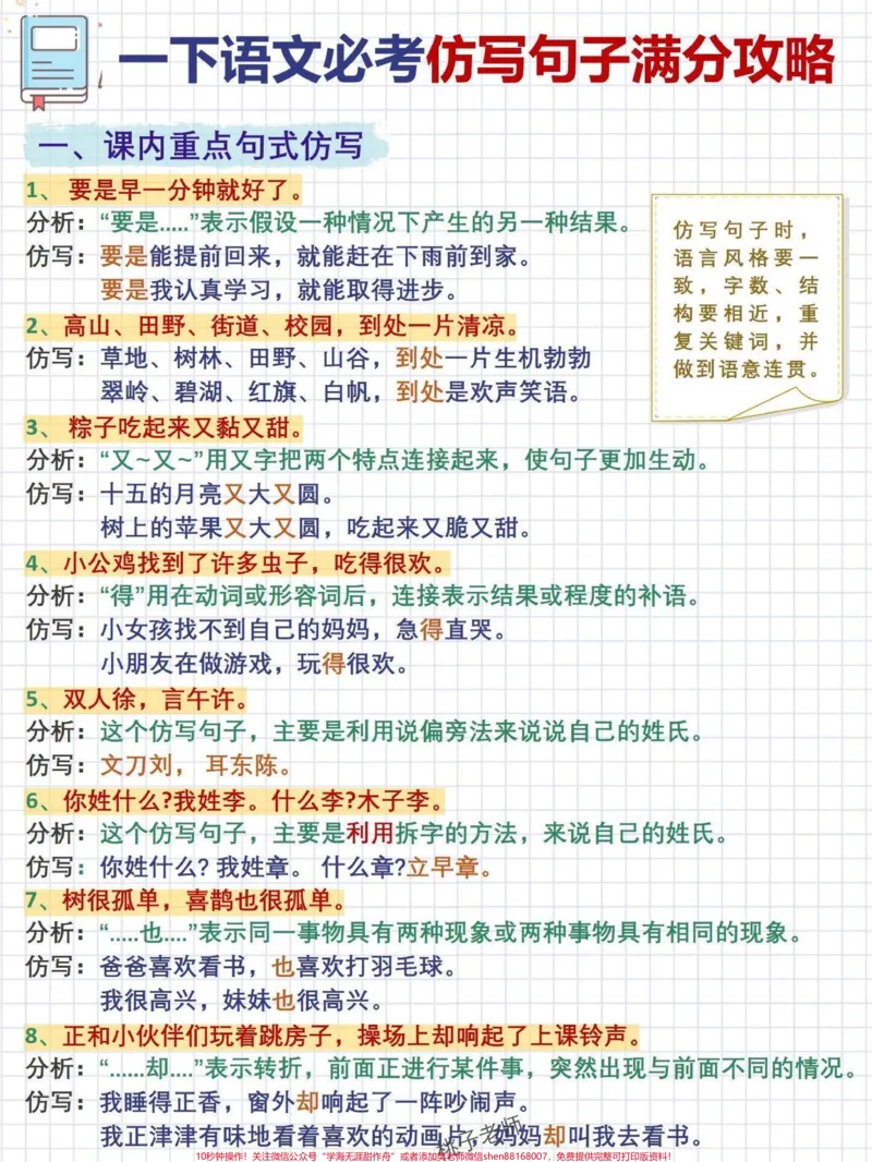 《一年级语文必考重点句式及仿写头讲解十练习从识字,到组词,再学会说一句话!一年级就是需要这样循循诱导!句子仿写是造句的开始,也是美文的出发点,所以无论这个仿写是不是考试内容,我觉得稍作拓展是合理的!我是小琴老师,助力小学生掌握学习方法!#学习资料分享#一年级重点知识归纳#小学语文知识点#一年级语文下册#仿写句子@qunju888.com小助手@qunju888.com热点@qunju888.com创作者中心》第1页预览