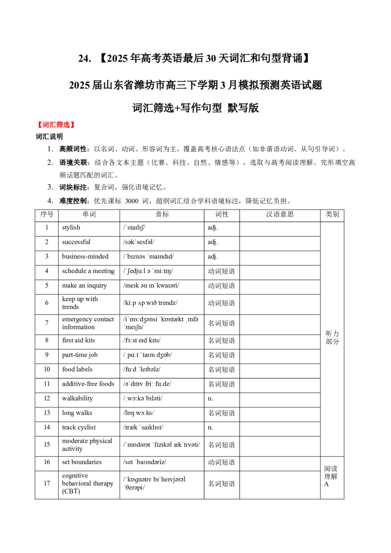 《24.（2025年高考英语最后30天词汇和句型背诵）2025届山东省潍坊市高三下学期3月模拟预测英语试题词汇筛选+写作句型默写版_高考一二三轮复习_英语_2026年-英语高考专项复习》第1页预览