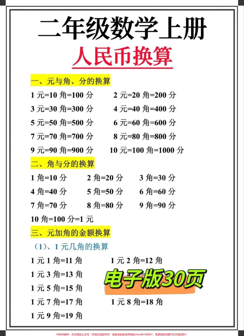 《二年级数学上册人民币换算专项练习知识汇总。第二单元开始学习认识人民币了，老师整理这份人民币换算专项练习针对性强，打印给孩子熟读练习‼️#二年级数学#认识人民币#人民币换算#二年级#二年级上册@DOU+小助手》第1页预览