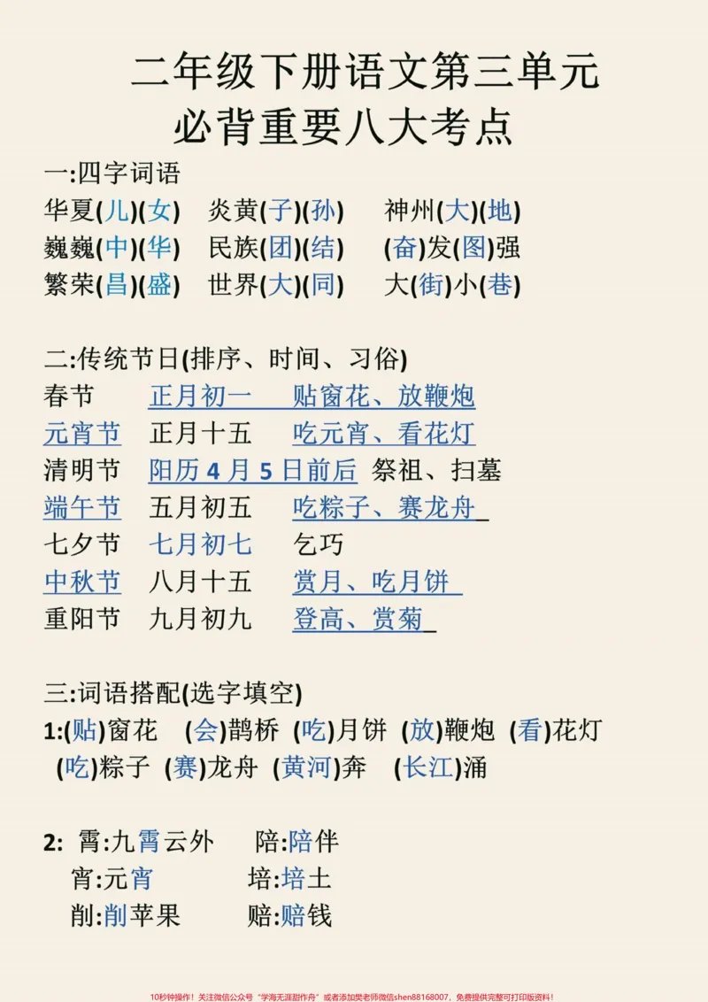 《二年级下册语文第三单元八大考点#教育#追思英雄家国永念#学习#语文#小学语文_最新小学1-9年级各科+幼升小+综合类学习资源汇总包_二年级一线老师整理版资源（全网独家）》第1页预览