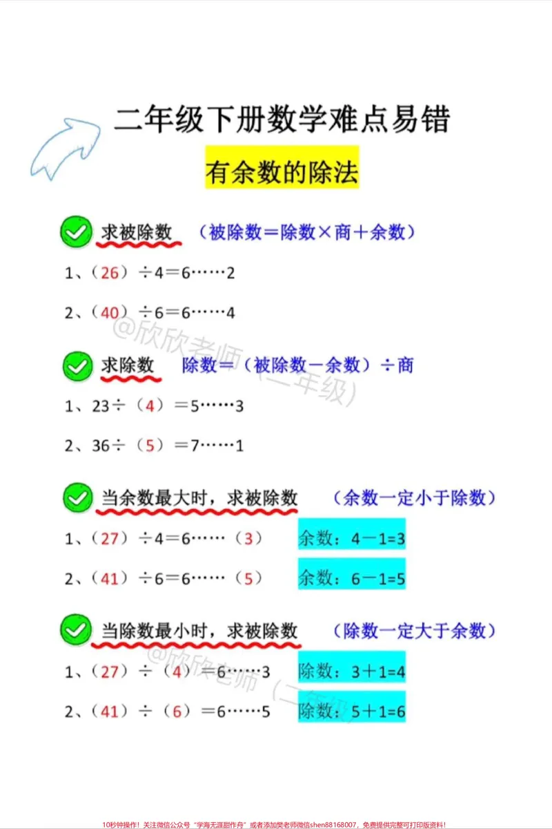 《二年级数学下册重点难点。#二年级#二年级数学下册#有余数的除法#除法#寒假充电计划_最新小学1-9年级各科+幼升小+综合类学习资源汇总包_二年级一线老师整理版资源（全网独家）》第1页预览