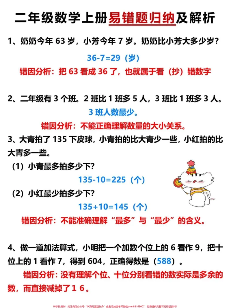 《二年级数学上册易错题归纳及解析。二年级上册数学易错题,老师给大家整理出来了。家长给孩子打印一份出来学习。都是考试常考必考知识点,有电子版可打印,家长快给孩子打印出来学习吧!#二年级数学#二年级#学霸秘籍@qunju888.com小助手》第2页预览