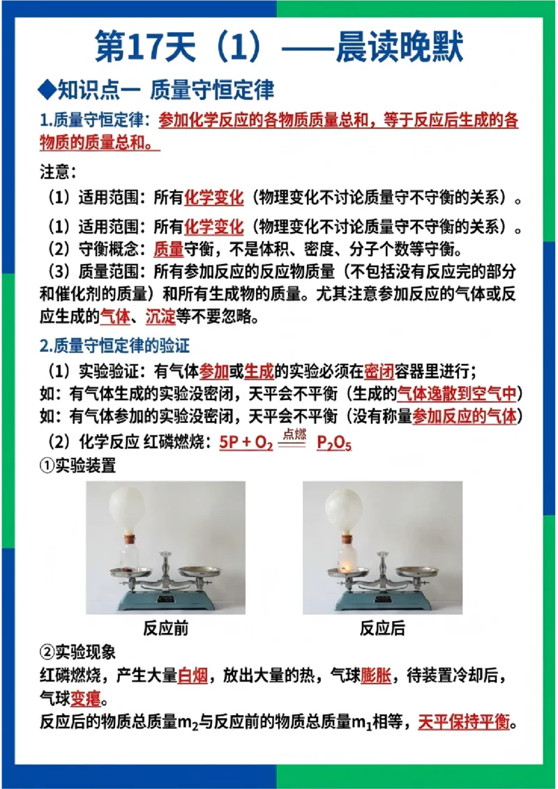 《晨读晚默第17天质量守恒定律化学方程式（图文版知识清单）_2026秋初中教辅合集_2027学科网&_2027《中考化学•晨读晚默图文知识清单》》第1页预览
