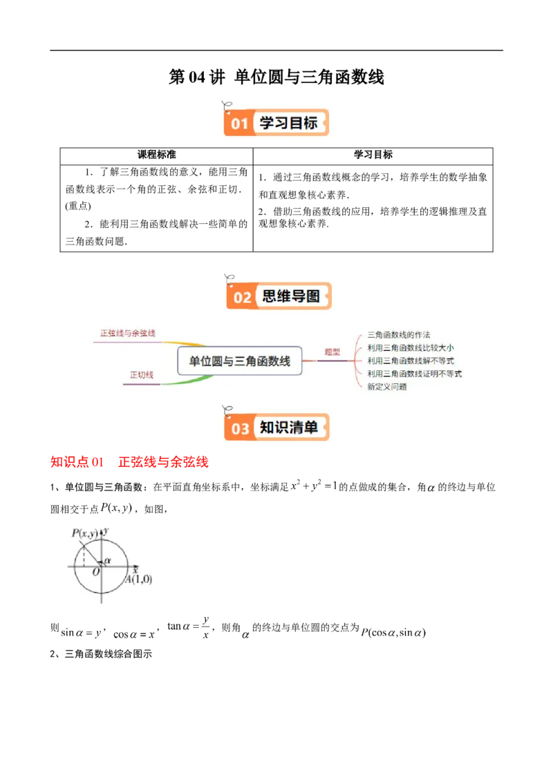 《第04讲单位圆与三角函数线（原题版）_2027高中必刷题_必刷题2027_2027高一高二必刷题_数学_YZ-133-高中数学同步精讲B版高一二三基础+培优讲义+专题练习word版电子_第七章三角函数》第1页预览