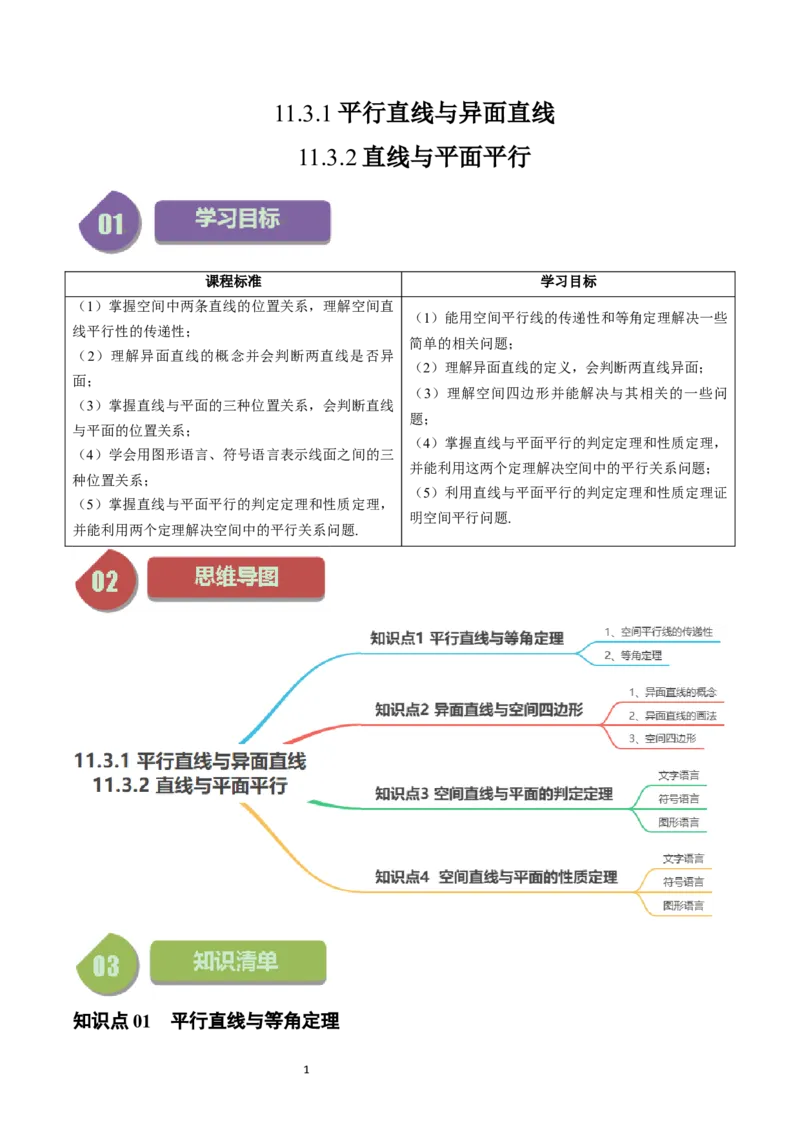 《第15讲11.3.1&11.3.2平行直线与异面直线、直线与平面平行（4知识点+6题型+强化训练）教师版-高中数学人教B版讲义（必修四）_2027高中必刷题_必刷题2027_2027高一高二必刷题_数学_赠送》第1页预览