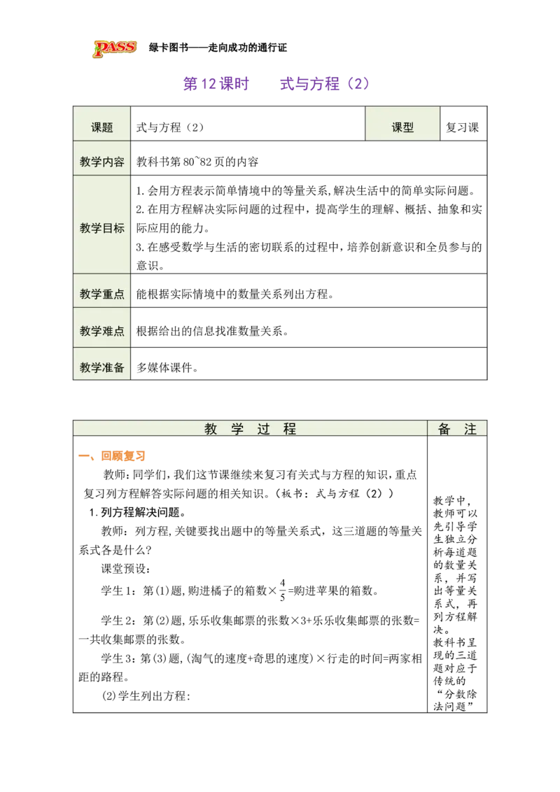 《第12课时式与方程（2）_26春小学语数英道科各版本《课件+教案》_26春各版本数学《课件+教案》1-6年级下册_26春北师大版数学1-6年级下册教案课件PPT_26春绿卡学霸-6数-北师-备课教案_总复习》第1页预览