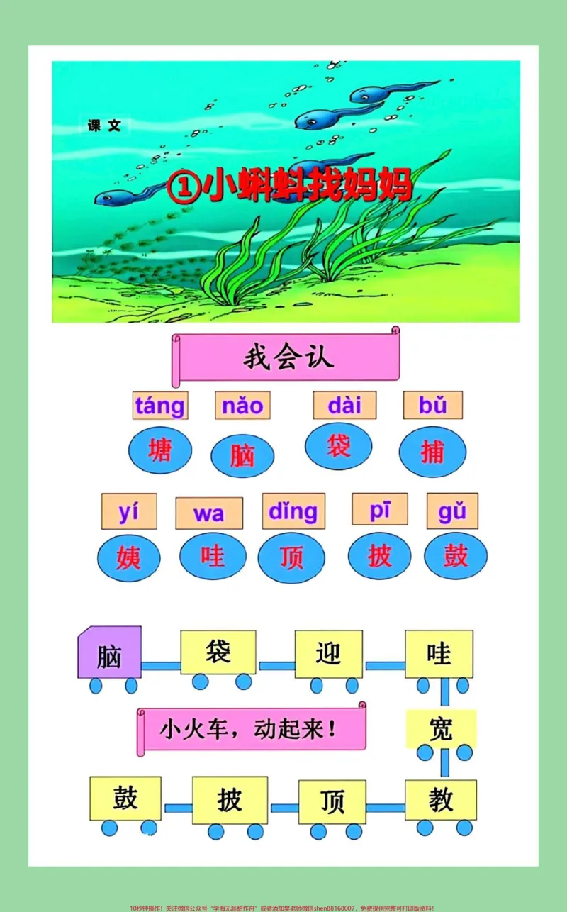 《#每天学习一点点#暑假预习#二年级语文#小蝌蚪找妈妈二年级上册语文第一课。小蝌蚪找妈妈PPT加生字解析》第1页预览