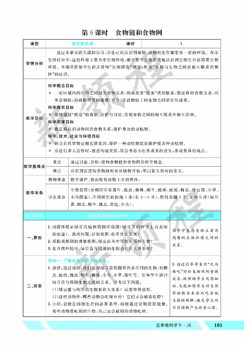 《教案—第6课时食物链和食物网(1)_26春小学语数英道科各版本《课件+教案》_26春教科版科学《课件+教案》1-6年级下册_五下_第一单元生物与环境_第6课时食物链和食物网》第1页预览