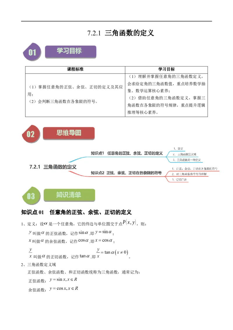 《第03讲7.2.1三角函数的定义（2知识点+6题型+强化训练）教师版-高中数学人教B版讲义（必修三）_2027高中必刷题_必刷题2027_2027高一高二必刷题_数学_3.人教B版高中数学讲义必修三_赠送》第1页预览