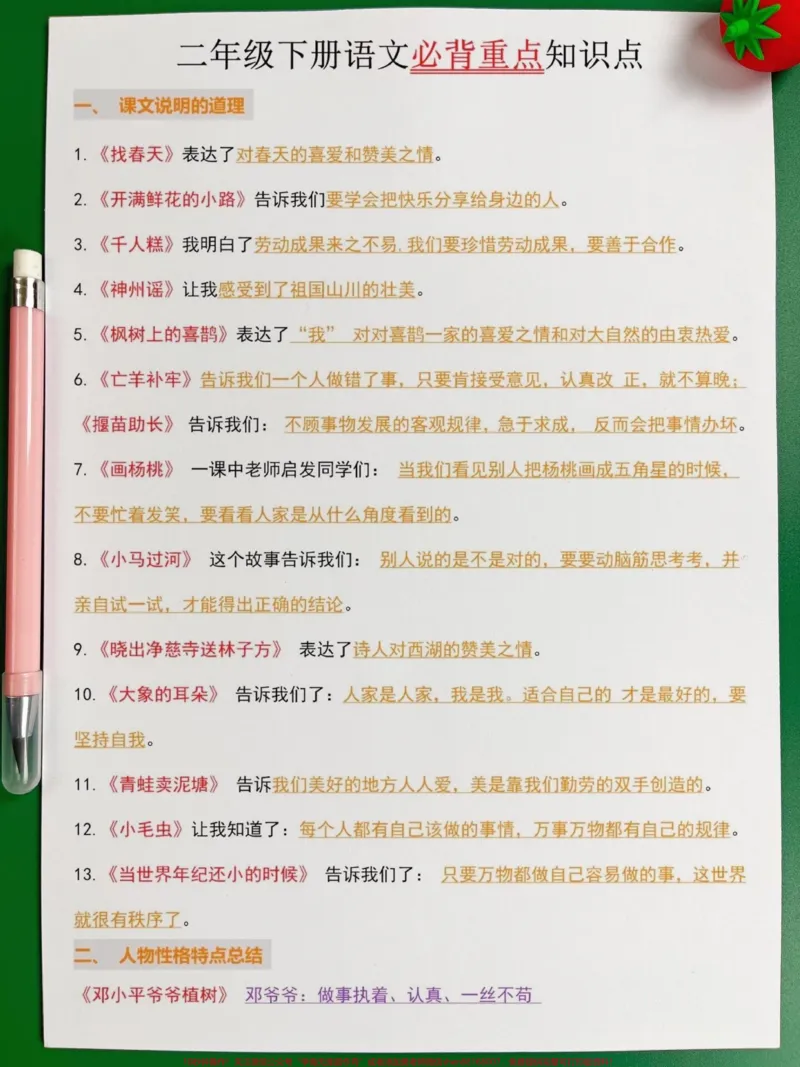 《二年级语文下册全册重要知识点归纳。一共有14页!基本上都在这里了,囊括了全册课内一大部分必须要掌握的重点核心,期中期末高频率出题⚠家长打印出来给孩子记一记吧,争取取得好成绩!#二年级语文下册#知识点总结#必考考点#二年级下册语文#学霸秘籍》第2页预览