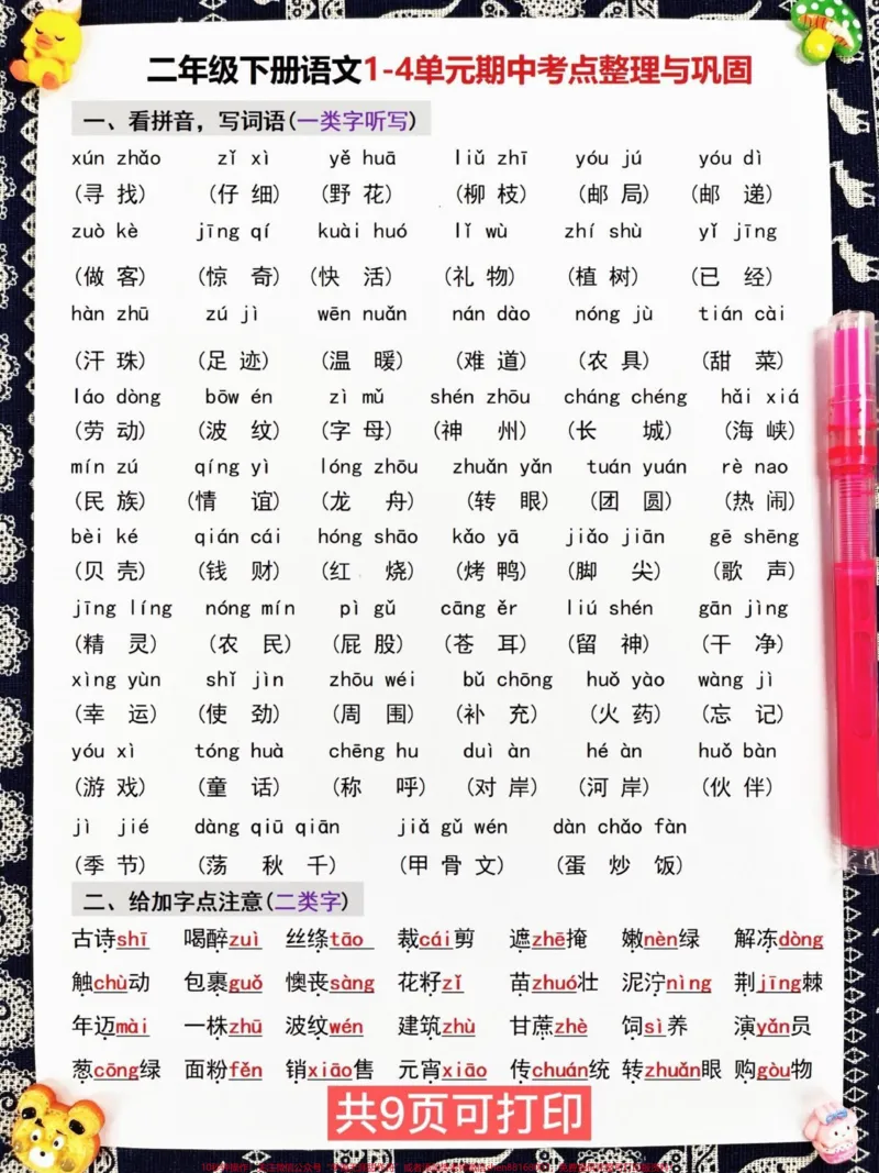 《二年级下册语文期中考点总结,共9页可供打印,包含二年级上册语文所有必考考点。仔细学习这9页,期中考试轻松拿下98+!家长可以打印出来给孩子进行复习巩固。#二年级语文下册 #期中考试 #期中复习 #小学语文必考知识点盘点 #知识点总结》第2页预览