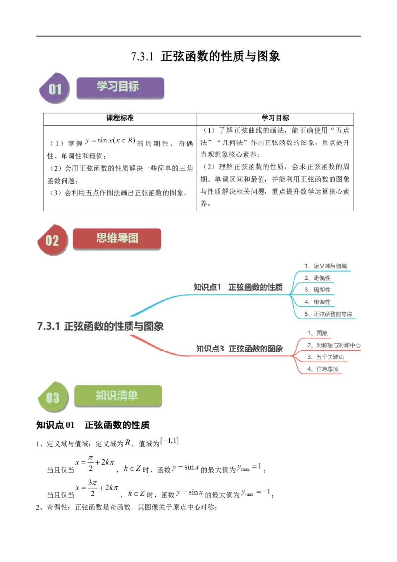 《第07讲7.3.1正弦函数的性质与图象（2知识点+7题型+强化训练）教师版-高中数学人教B版讲义（必修三）_2027高中必刷题_必刷题2027_2027高一高二必刷题_数学_3.人教B版高中数学讲义必修三》第1页预览