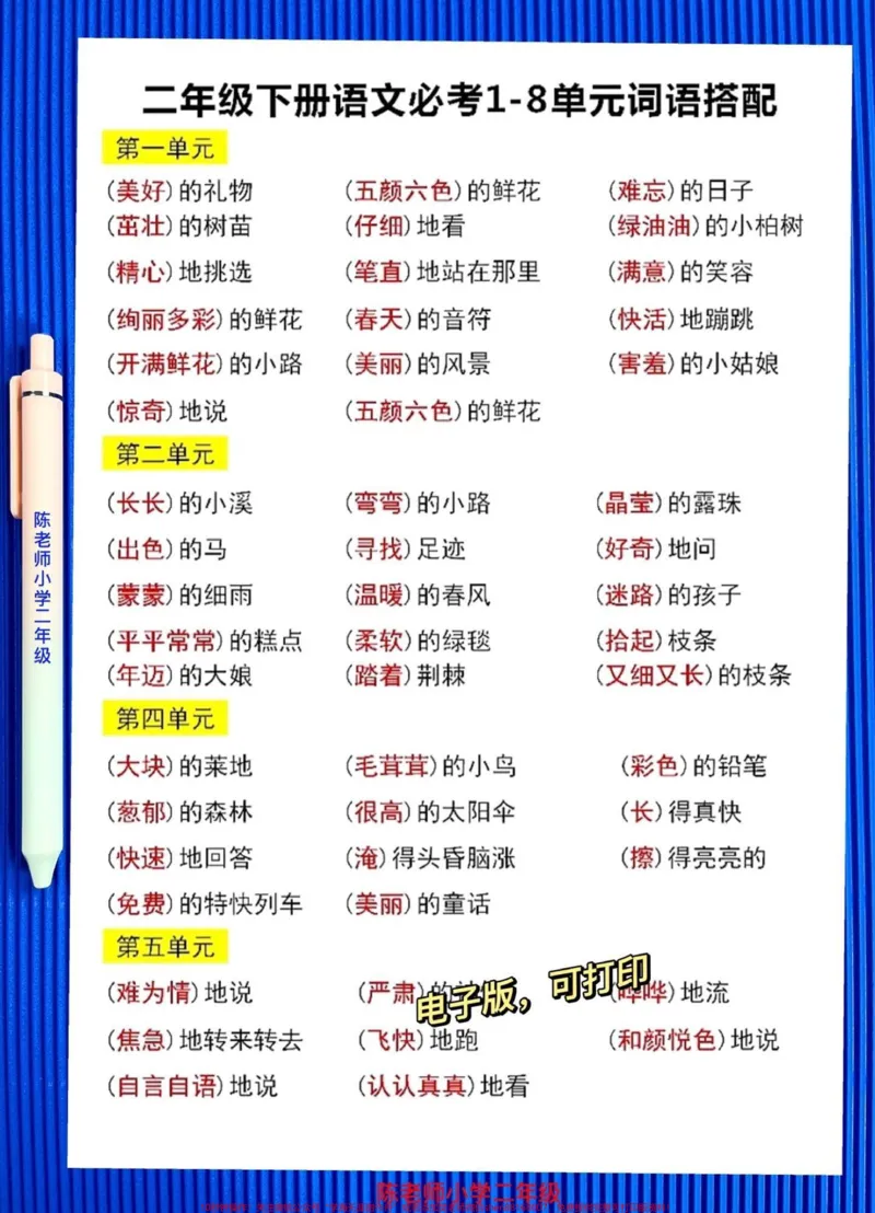 《二年级语文下册1-8单元词语搭配。老师精心整理,家长收藏给孩子打印出来#二年级 #二年级语文下册#必考_最新小学1-9年级各科+幼升小+综合类学习资源汇总包》第1页预览