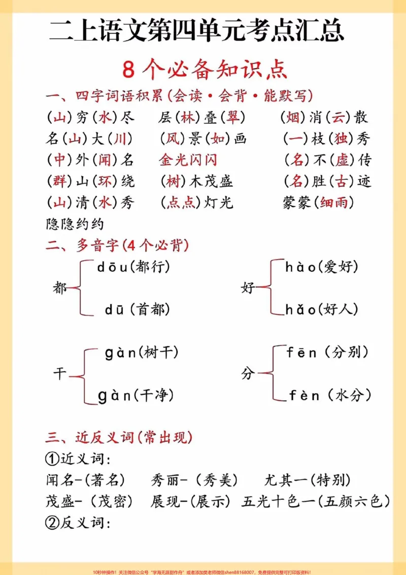 《二年级上册语文第四单元考点汇总。#二年级上册语文#考点汇总#语文#知识点总结#学习资料分享》第1页预览