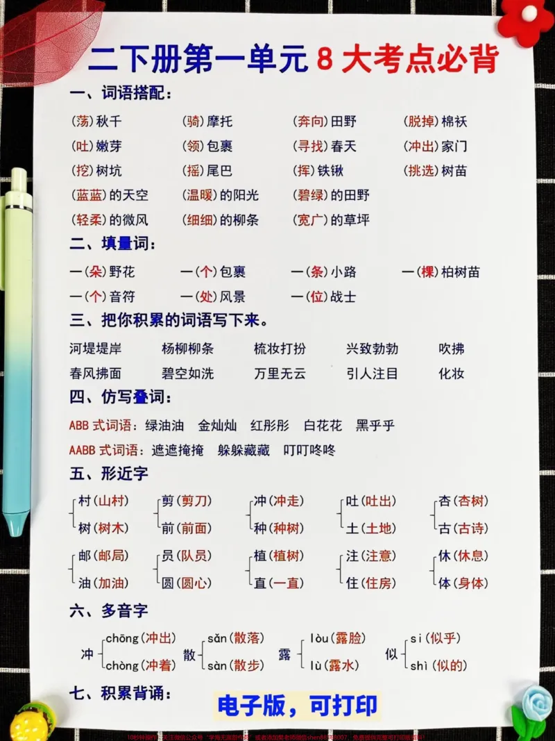 《二年级下册语文1-8单元的重点知识,老师精心整理好了一份资料。家长们可以将这份资料打印出来,让孩子进行复习和背诵,这样孩子就可以更好地掌握这些重要的知识点。如果您想帮助孩子更好地学习语文,请务必将这份重点知识资料交给他们。这将有助于孩子在语文学习中取得更好的成绩。#二年级 #二年级语文下册 #重点知识》第2页预览