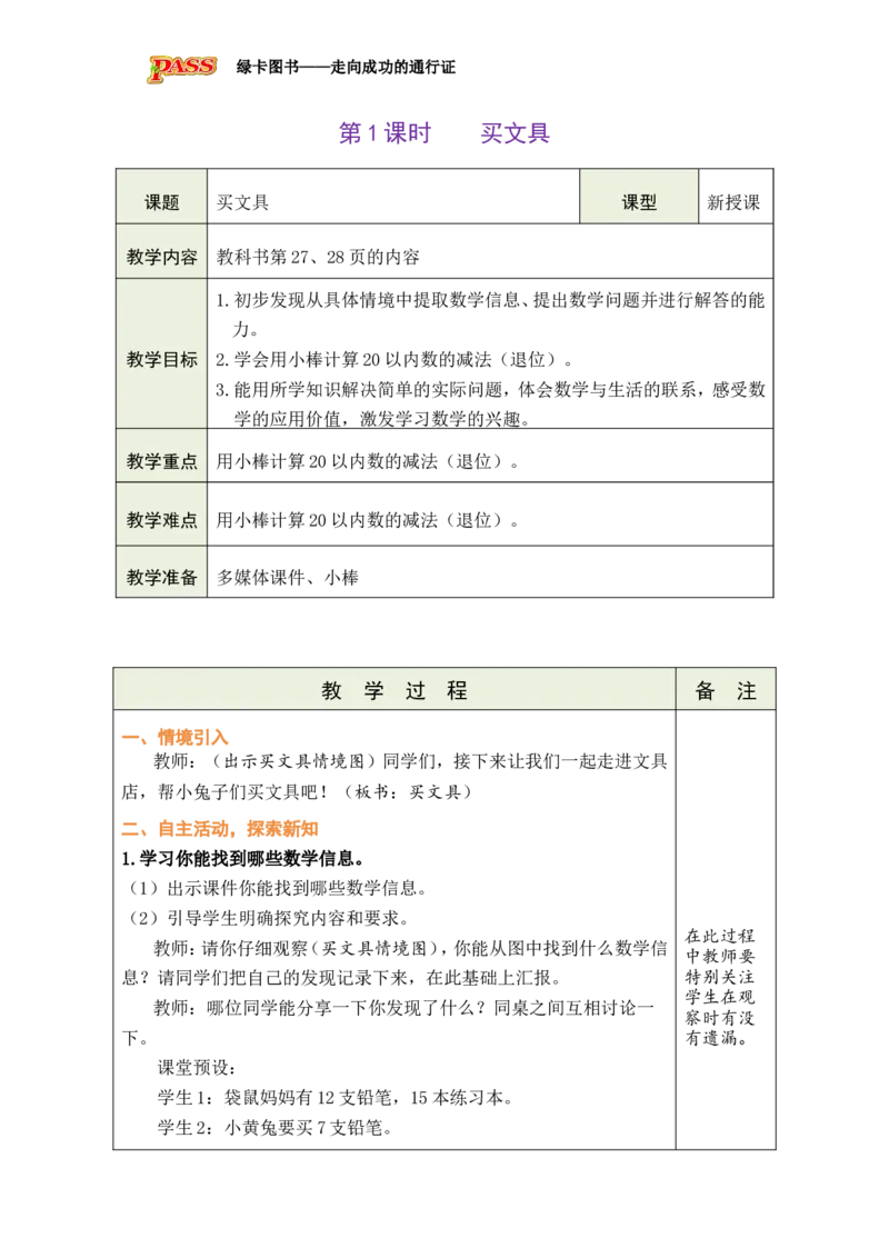 《第1课时买文具_26春小学语数英道科各版本《课件+教案》_26春各版本数学《课件+教案》1-6年级下册_26春北师大版数学1-6年级下册教案课件PPT_26春绿卡学霸-1数-北师-备课教案》第1页预览