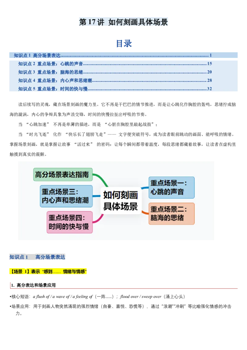 《第17讲如何刻画具体场景（复习讲义）（学生版）_高考一二三轮复习_英语_2026年_2026年高考英语一轮复习讲义+练习+课件（新教材新高考）-G55_2026版_第四部分写作》第1页预览