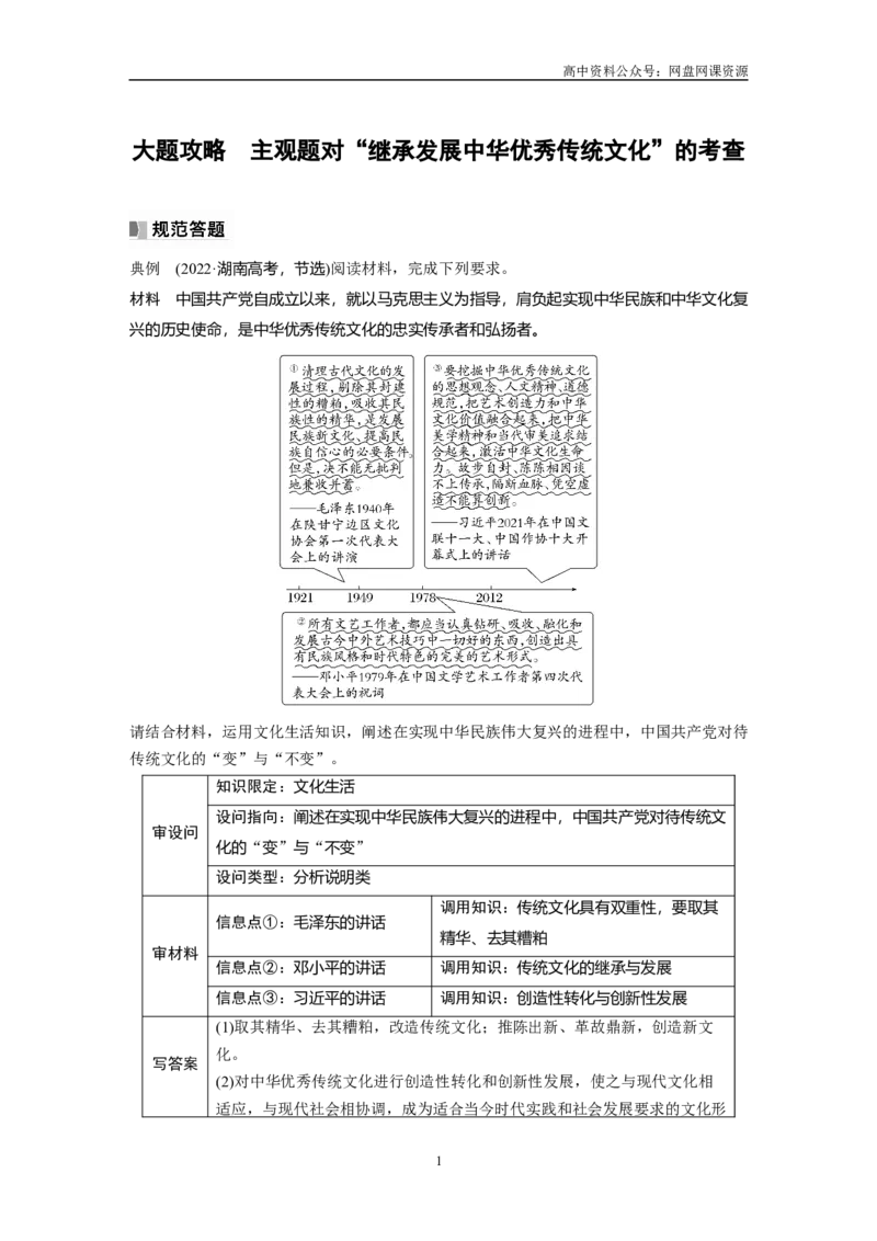 《2024年高考政治一轮复习（部编版）必修4　大题攻略　主观题对“继承发展中华优秀传统文化”的考查_初高中资料库_高中资料库（转存避免链接过期失效）_高中政治》第1页预览