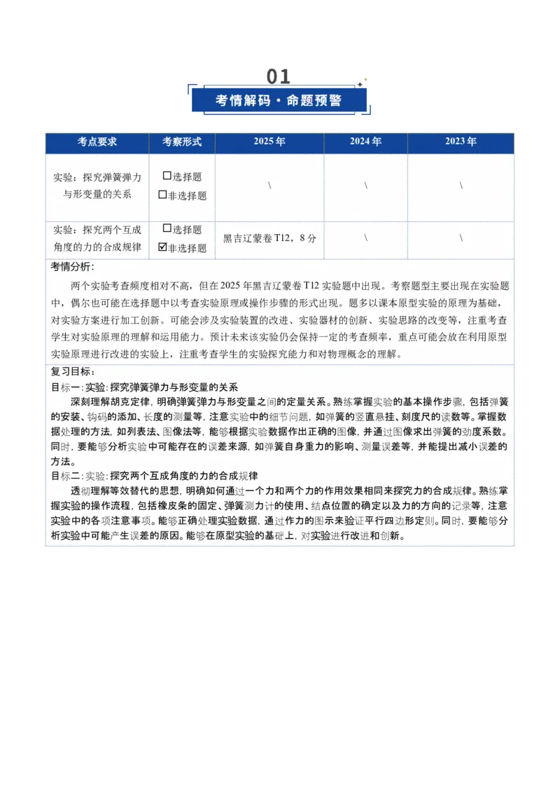 《第09讲实验：探究弹簧弹力与形变量的关系、实验：探究两个互成角度的力的合成规律（复习讲义）（黑吉辽蒙专用）（学生版）_高考一二三轮复习_物理_2026年》第2页预览